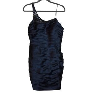Adrianna Papell One Shoulder Navy Beaded Ruched Cocktail Dress Womens 12 Evening